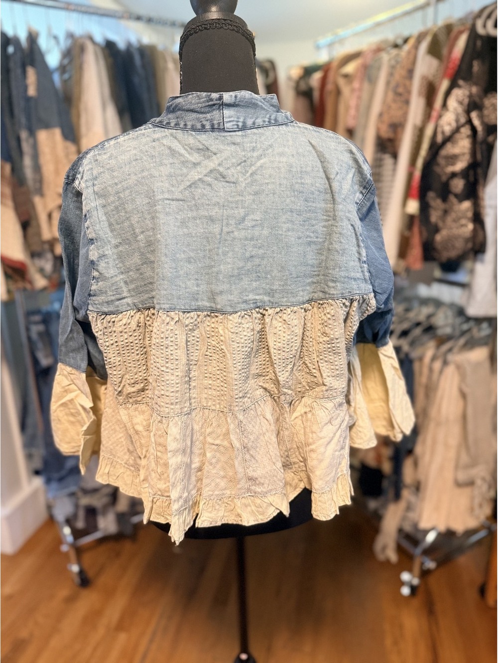 YOUNG THREADS Desert Dream Denim Lapel Peplum Cardigan Latte NWT S - Picture 2 of 4